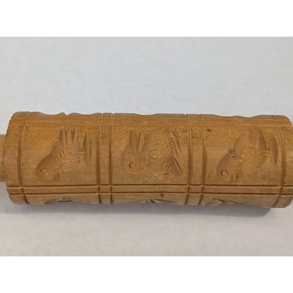 Vintage Wooden Springerle Rolling Pin Carved Bird Butterfly Flower Cookie Mold
